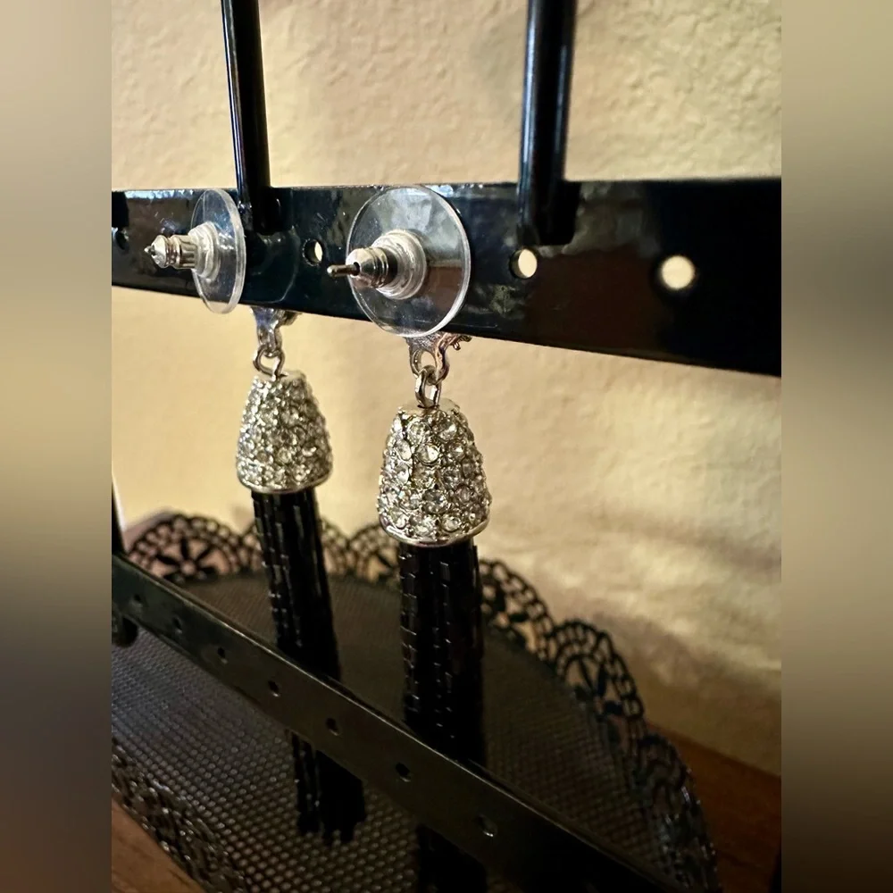 🖤 Black Tassel Statement Earrings with Silver Rhinestone Accents - Picture 5 of 6